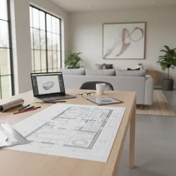 Wooden table with floor plan drawing laptop showing 3D model tablet glasses and living room