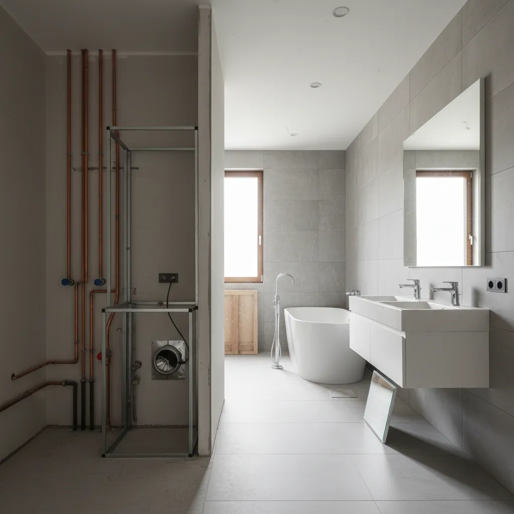 Half finished bathroom showing exposed copper pipes on wall beside new white sink and bathtub