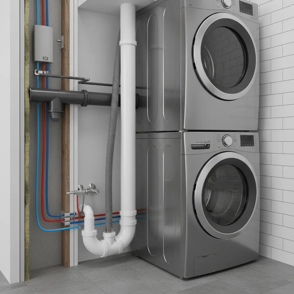 washer drainage pipe and plumbing setup in bathroom laundry area