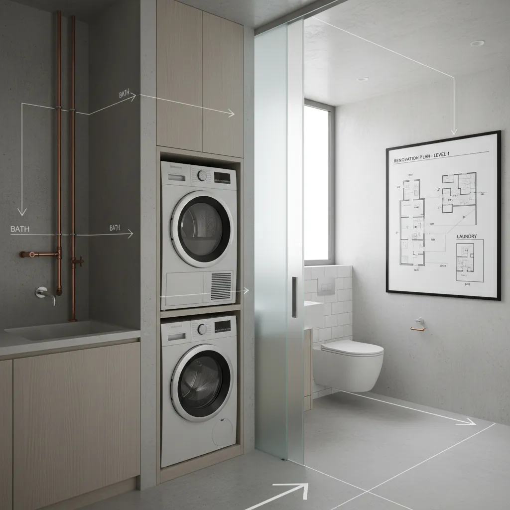 Modern laundry room with stacked washing machines and bathroom layout featuring an interior design drawing