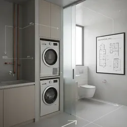 Modern laundry room with stacked washing machines and bathroom layout featuring an interior design drawing