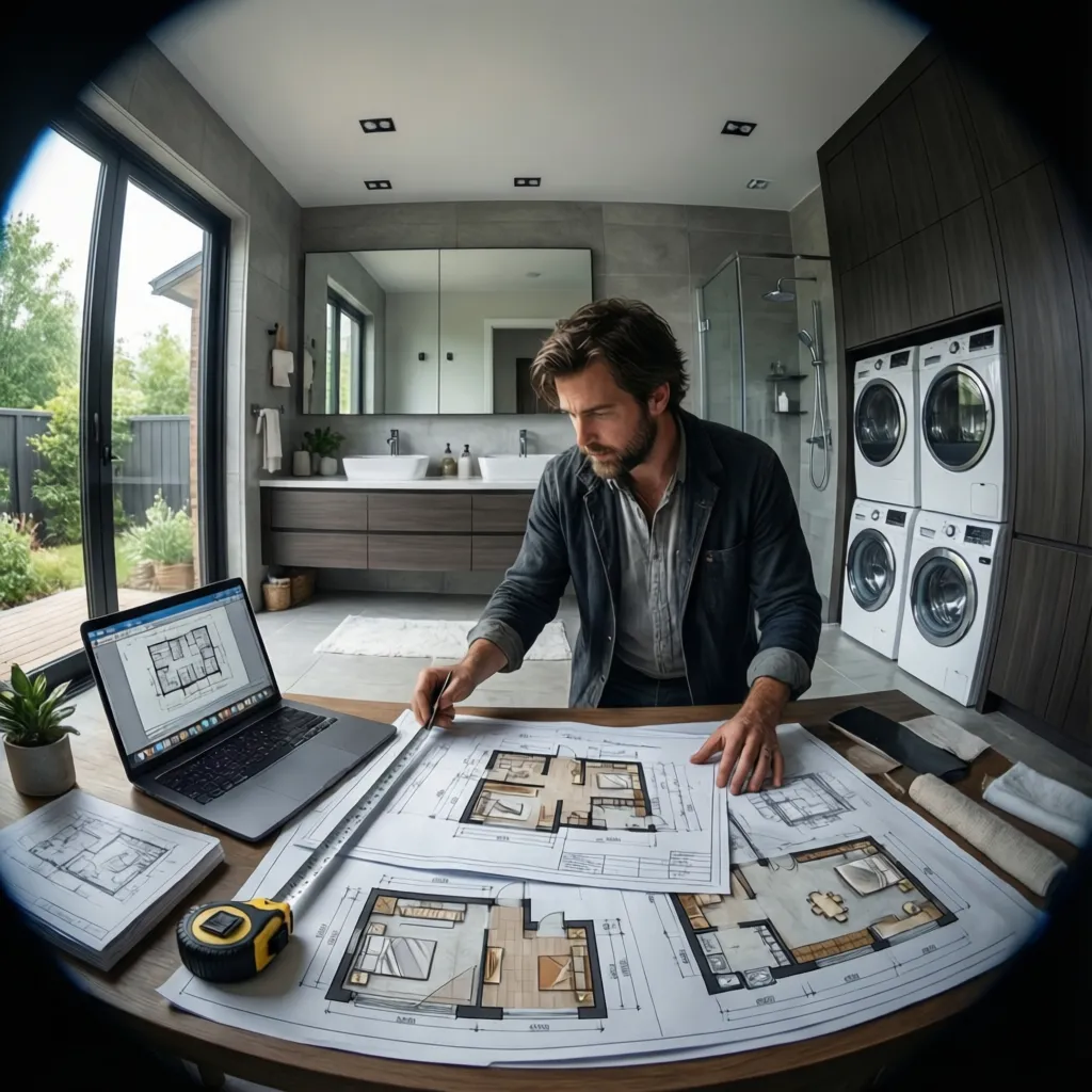 designer reviewing bathroom and laundry conversion layout in a residential space