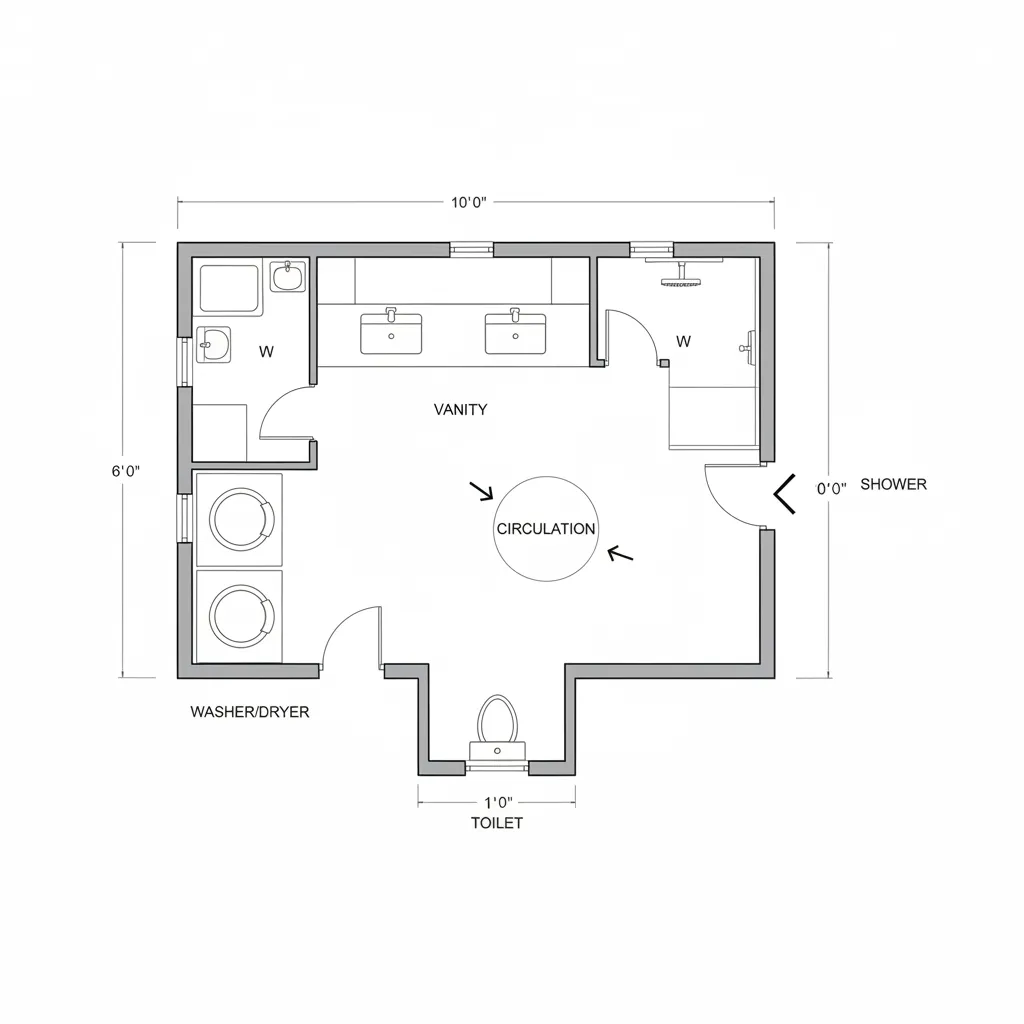 Bathroom laundry combo layout floor plan showing appliance placement and circulation space