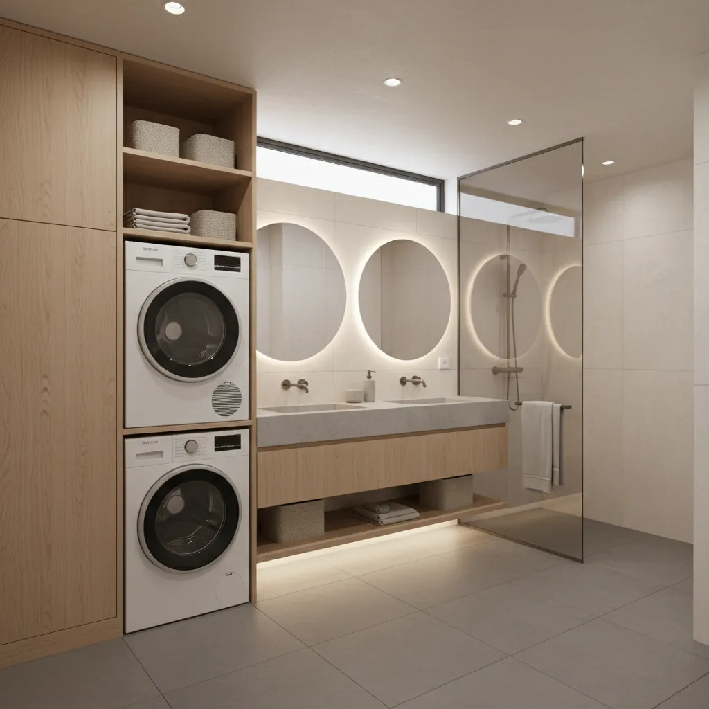 Bathroom layout with washer dryer placement opposite shower area