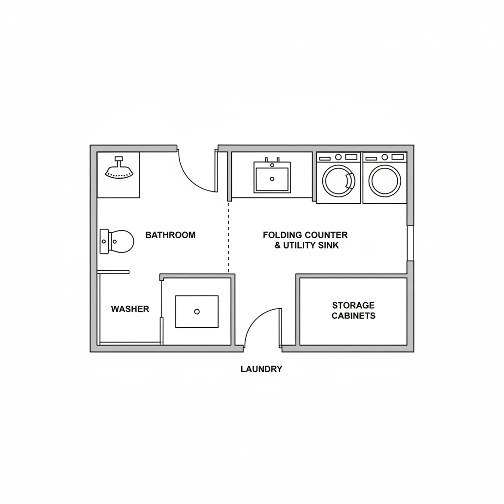 Simple 2D room layout showing a combined bathroom and laundry area with labeled storage spaces