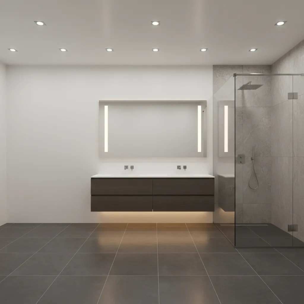 Bathroom lighting layers including mirror lighting and recessed ceiling lights over dark grey floors