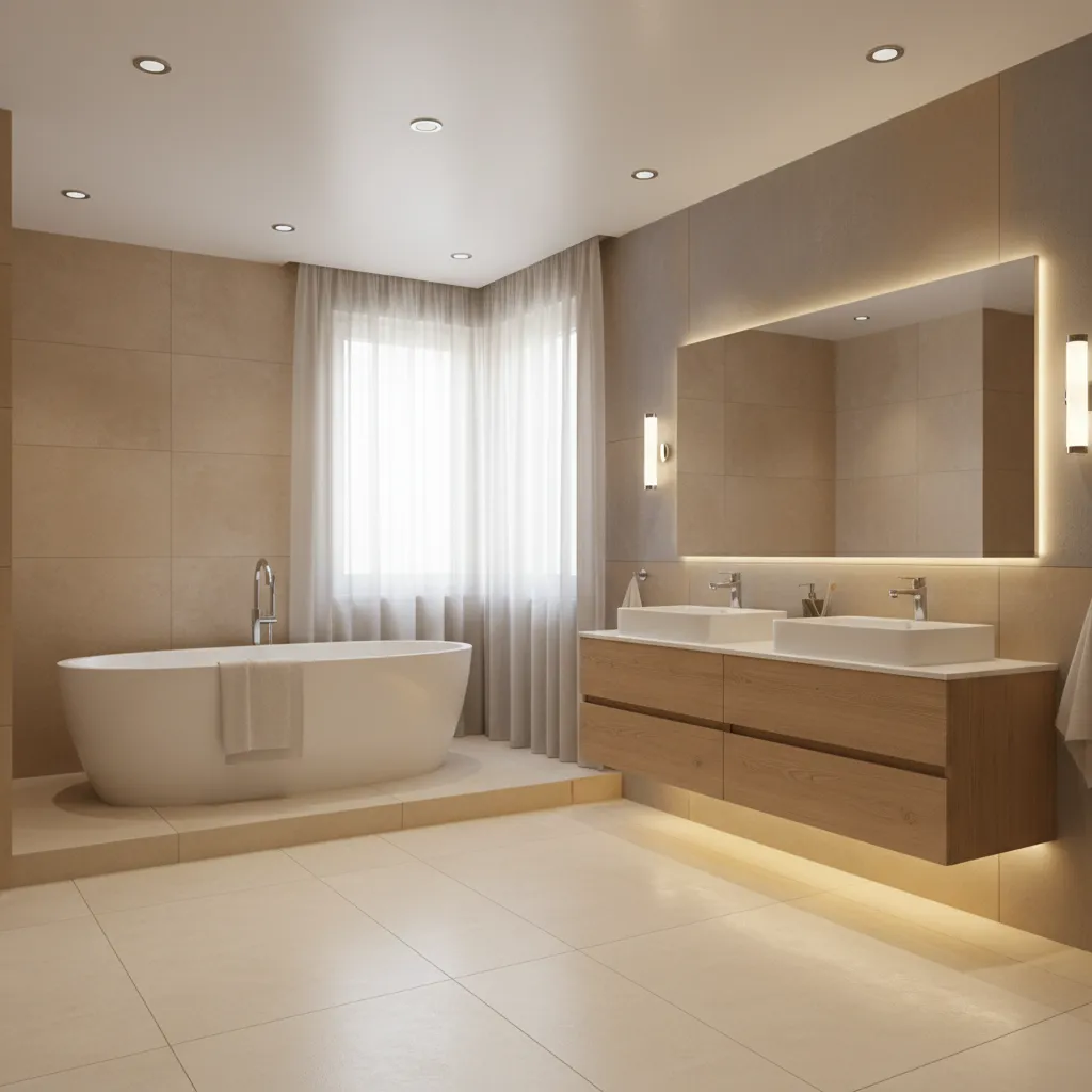 Bathroom interior demonstrating layered lighting with ceiling and vanity lights