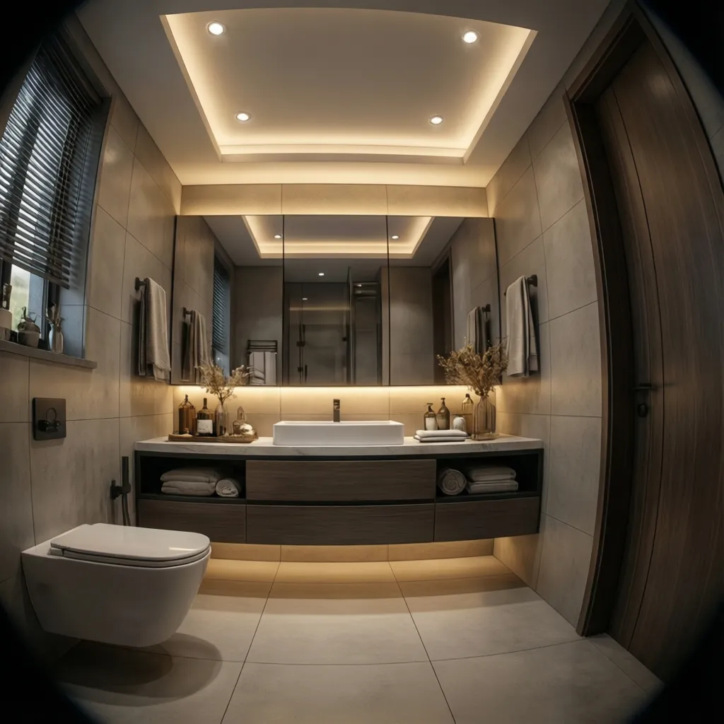 Bathroom interior demonstrating layered lighting with ceiling and vanity lights