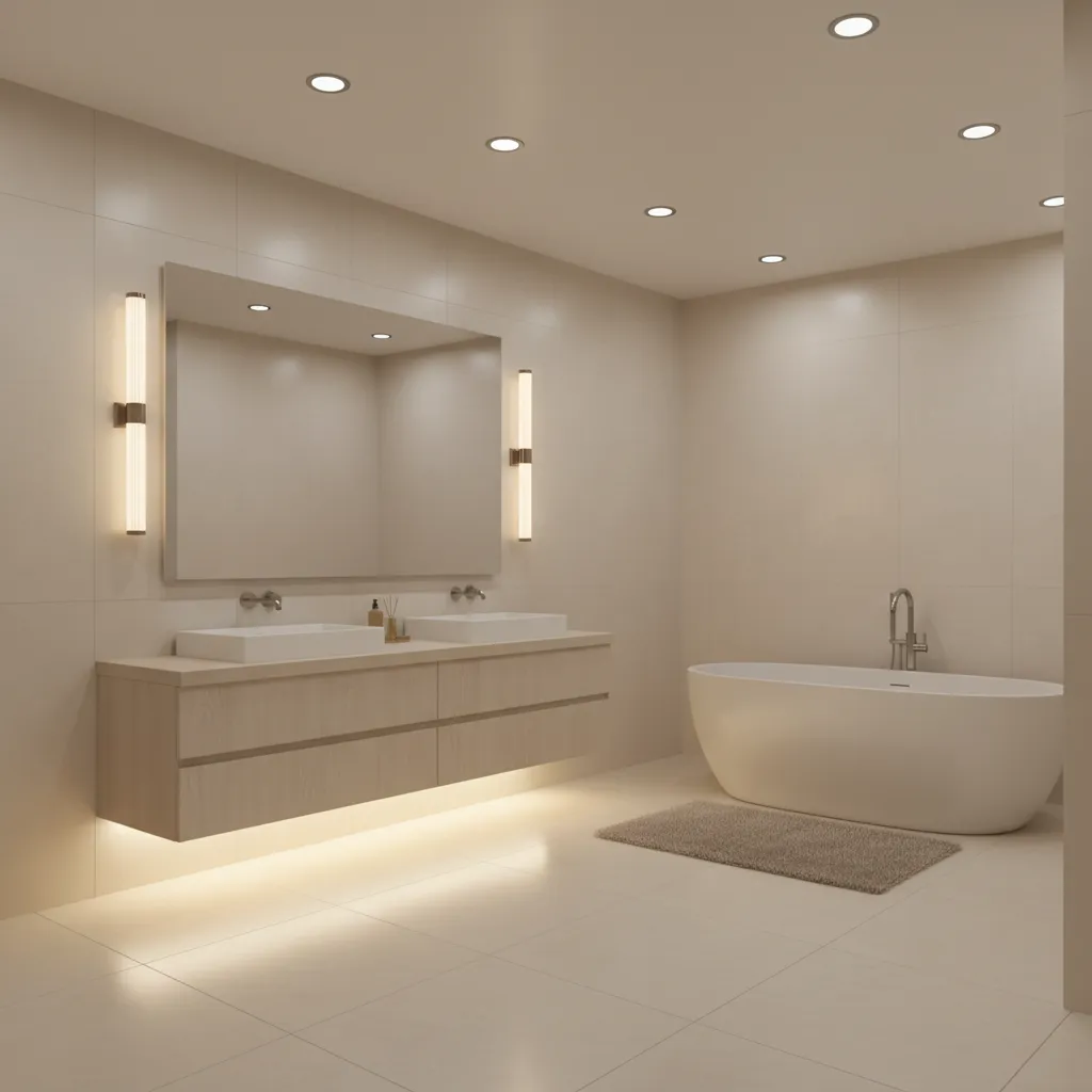 Bathroom example showing layered lighting with ceiling lights vanity lights and accent lighting