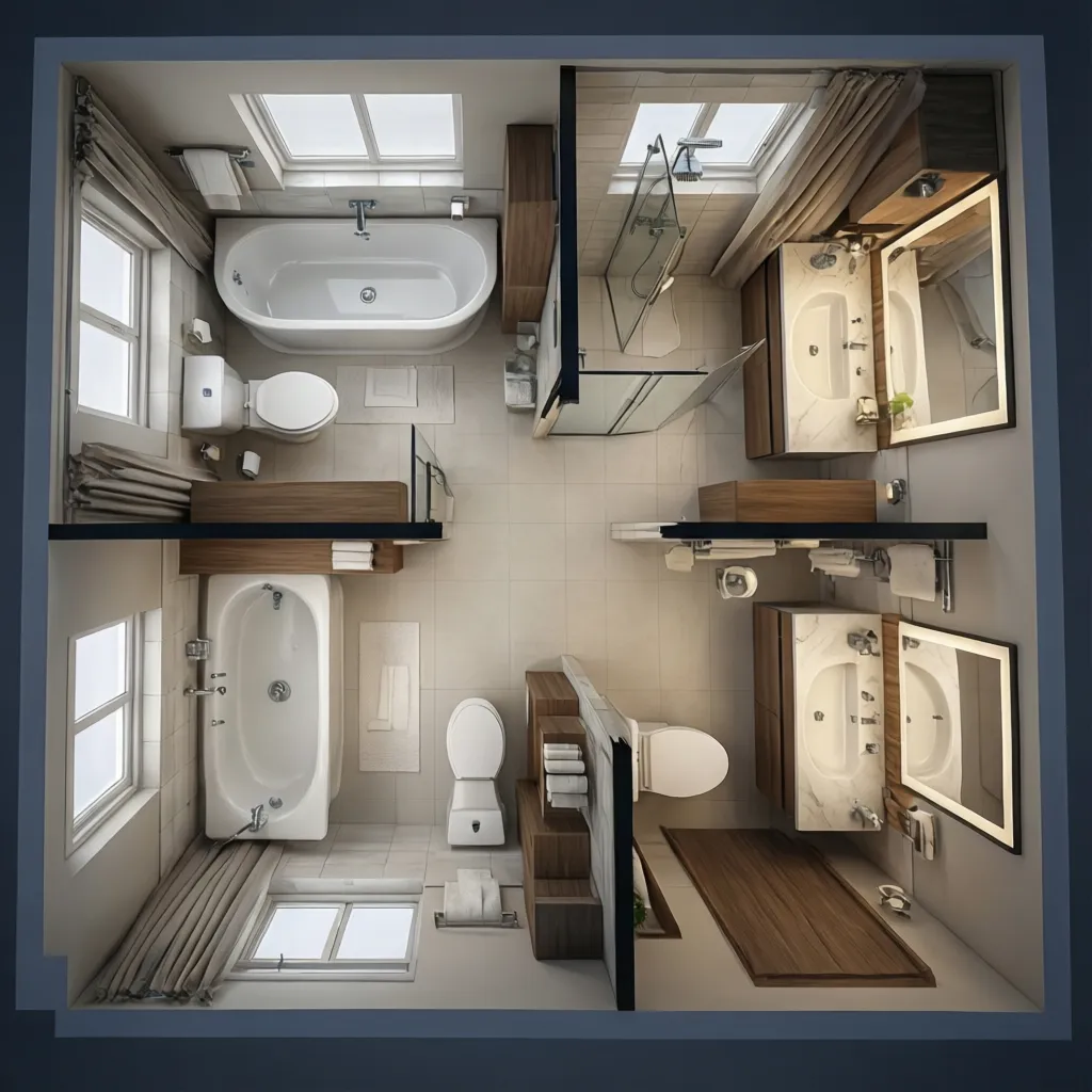 top view 3D bathroom layout with bathtub shower vanity and toilet arranged in a modern plan