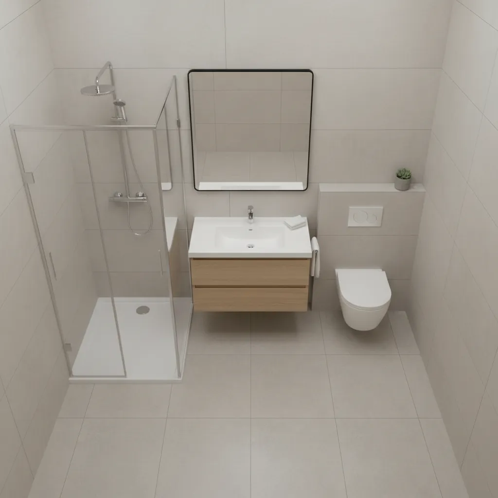 3D bathroom layout visualization showing shower vanity and toilet arrangement