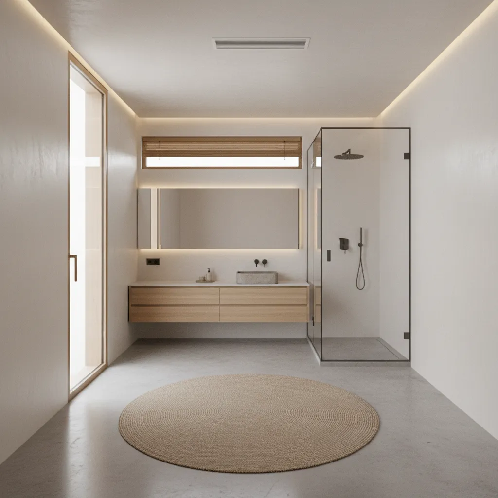 bathroom layout designed to improve airflow around shower and vanity