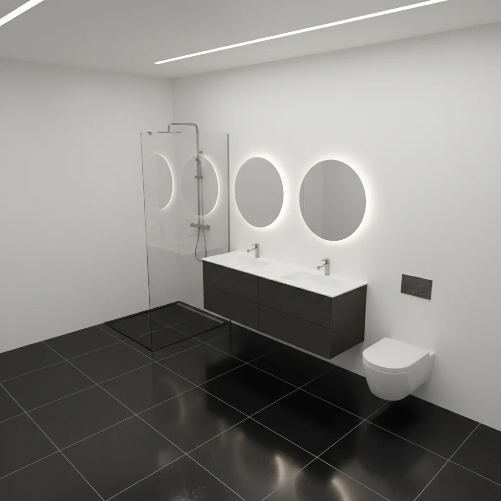 bathroom layout showing black floor tiles with light walls