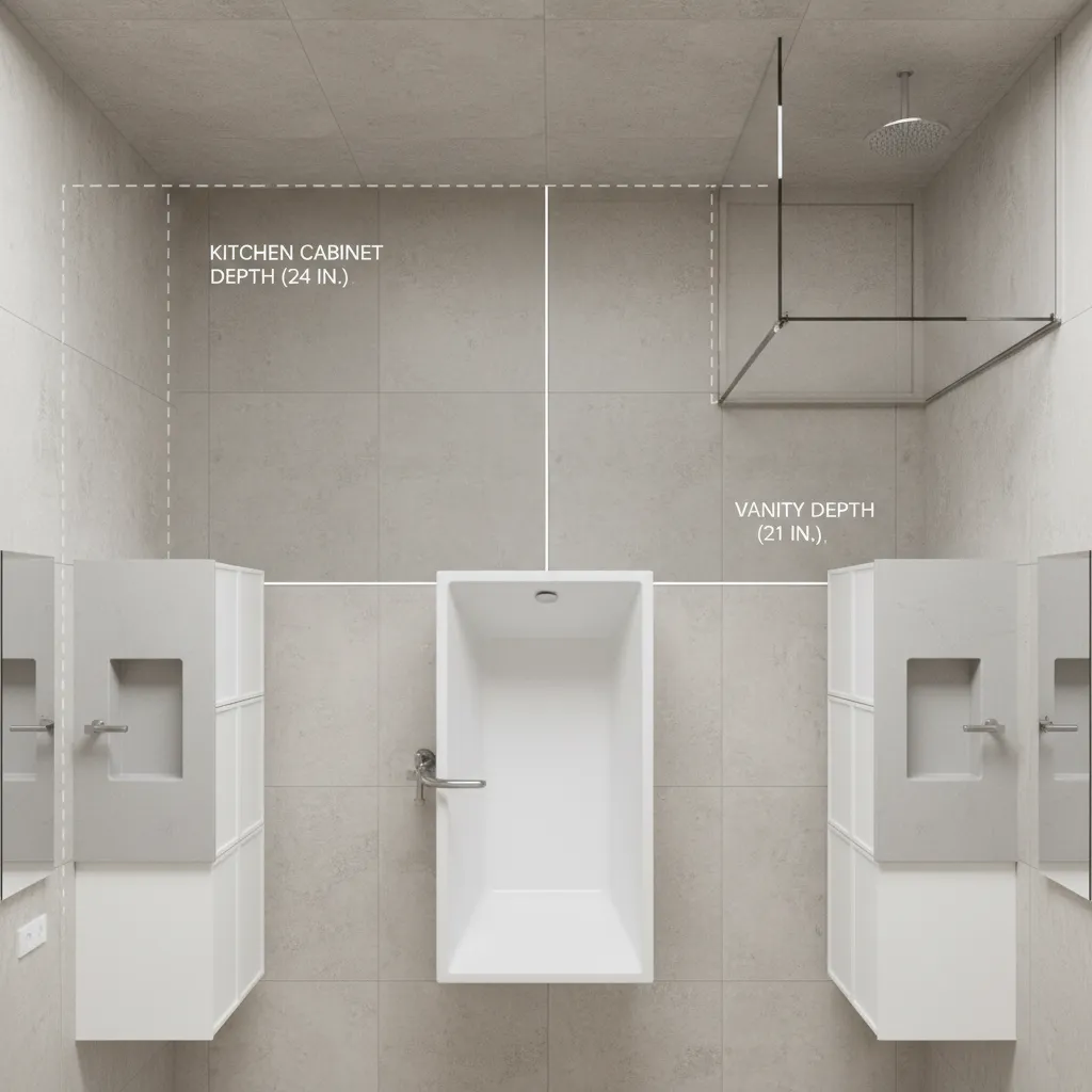 Comparison diagram showing kitchen cabinet depth versus bathroom vanity depth