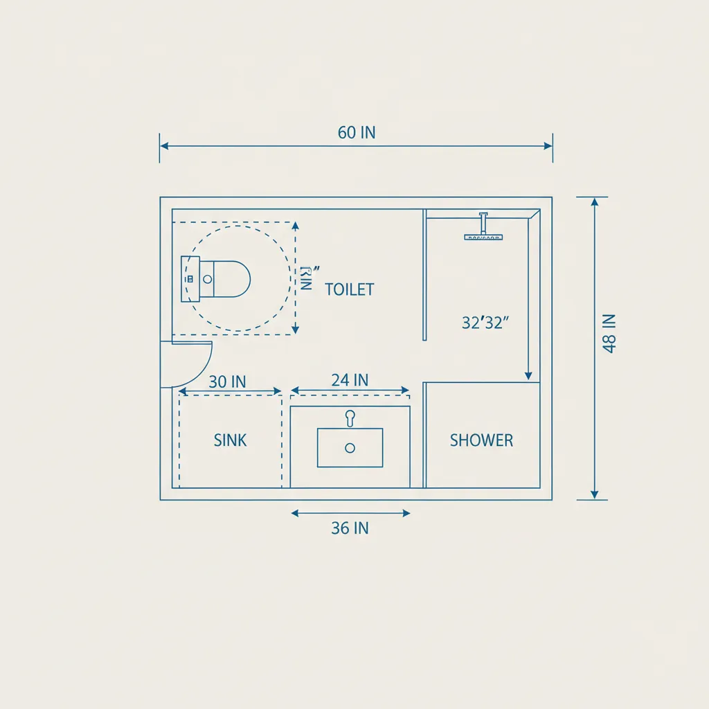 Bathroom floor plan diagram showing spacing clearance around toilet sink and shower