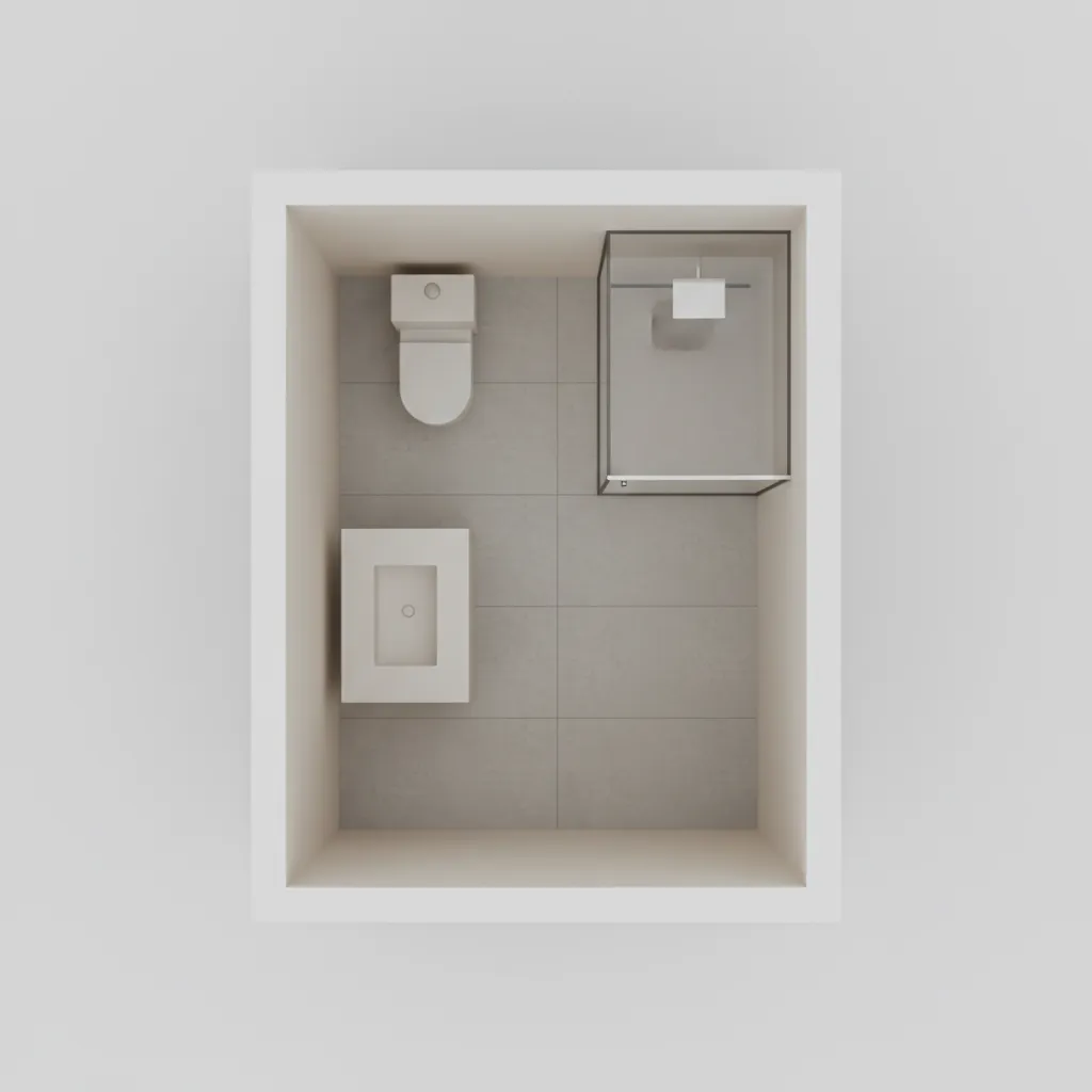 Top view of interior design drawing showing bathroom layout with sink toilet and glass shower