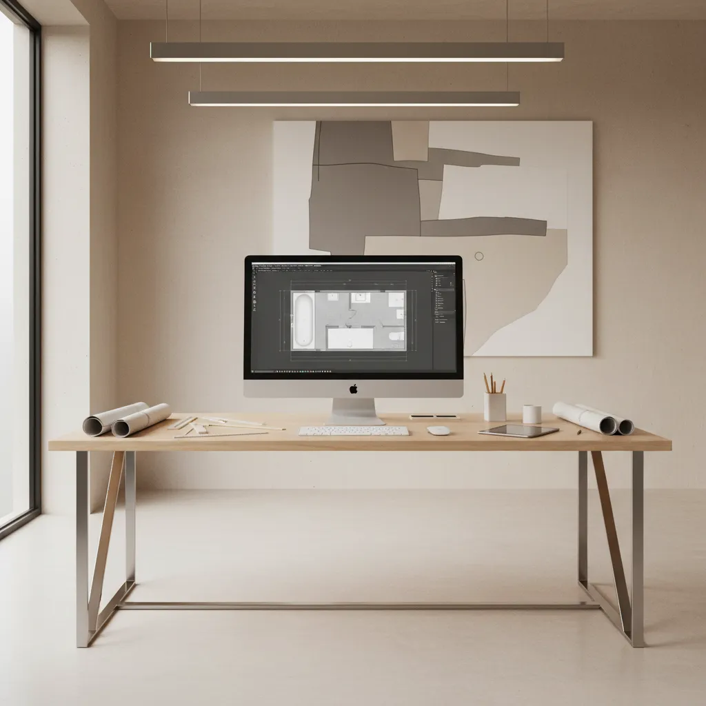 Designer exploring bathroom layout ideas on a digital floor planning interface