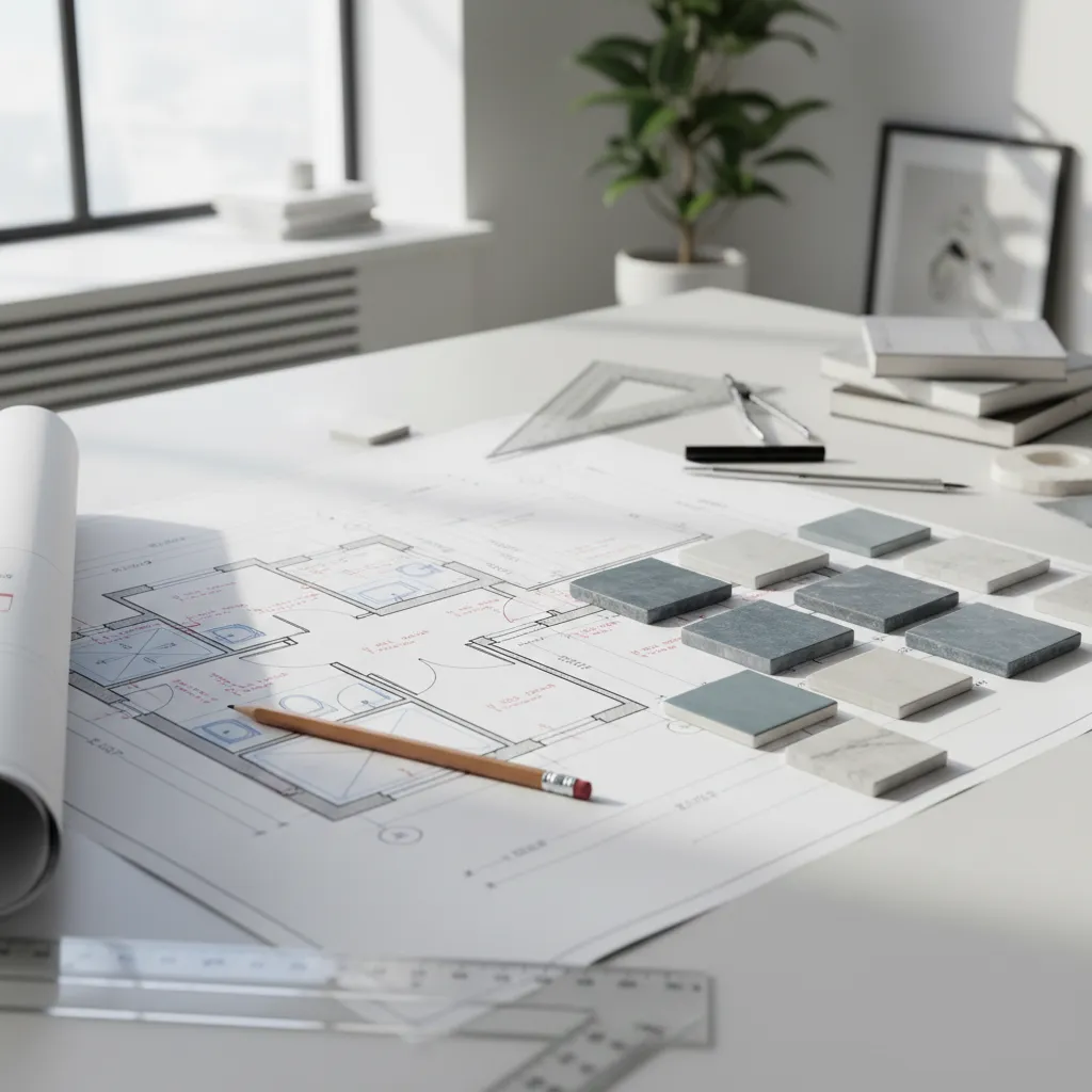 bathroom layout plan with measurements and renovation tools on table