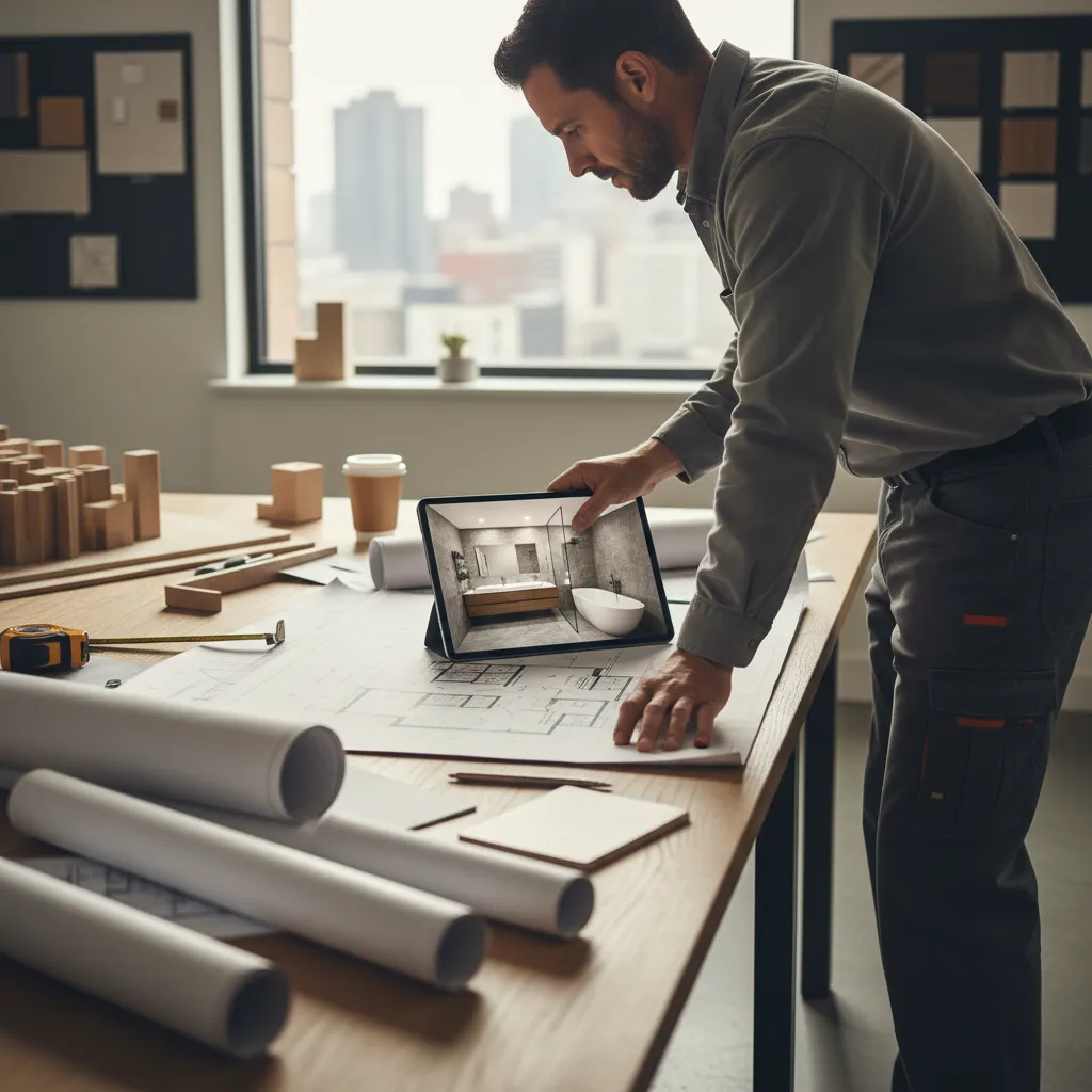 contractor reviewing bathroom layout plan before renovation work