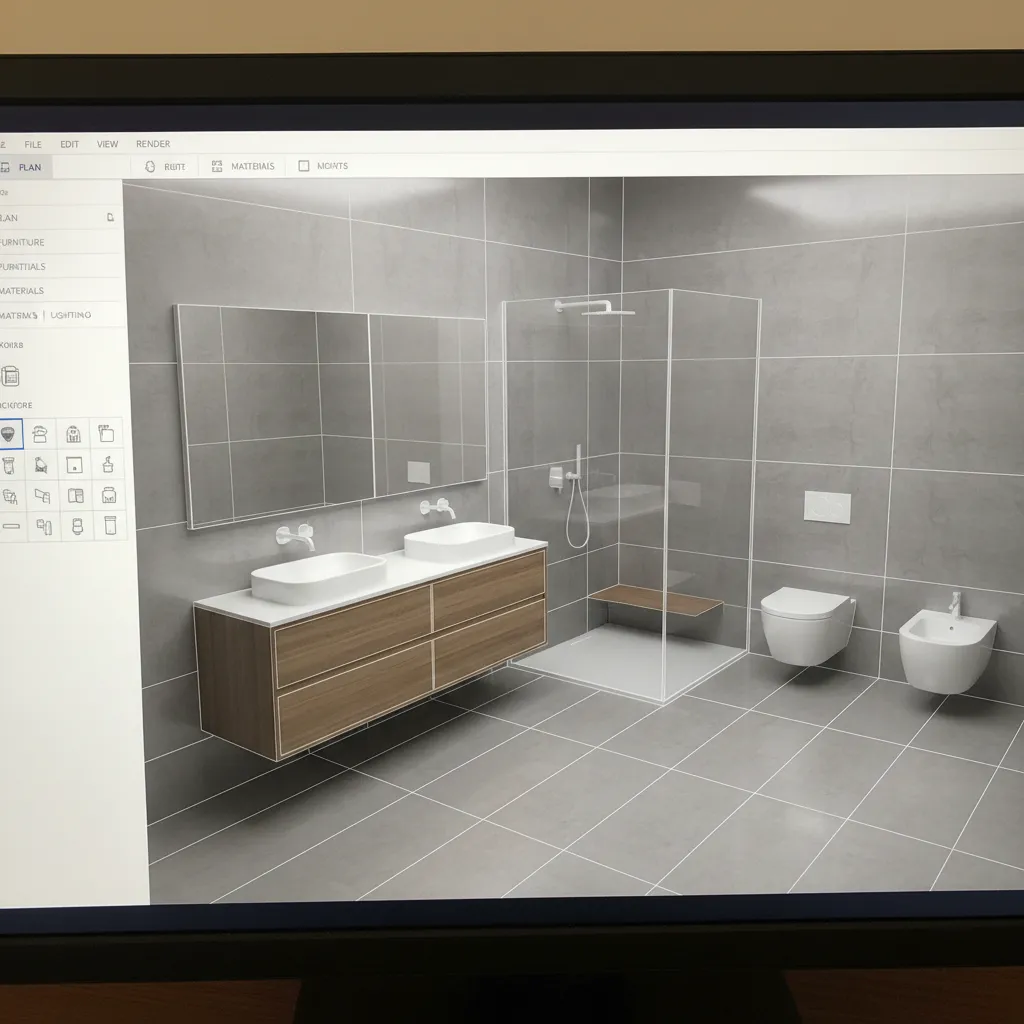 3D bathroom layout displayed in interior design software interface