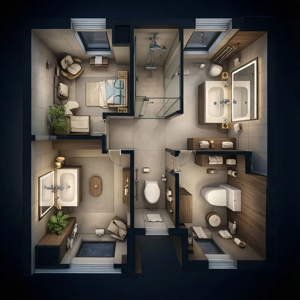 Top view bathroom layout plan showing shower, vanity and toilet placement