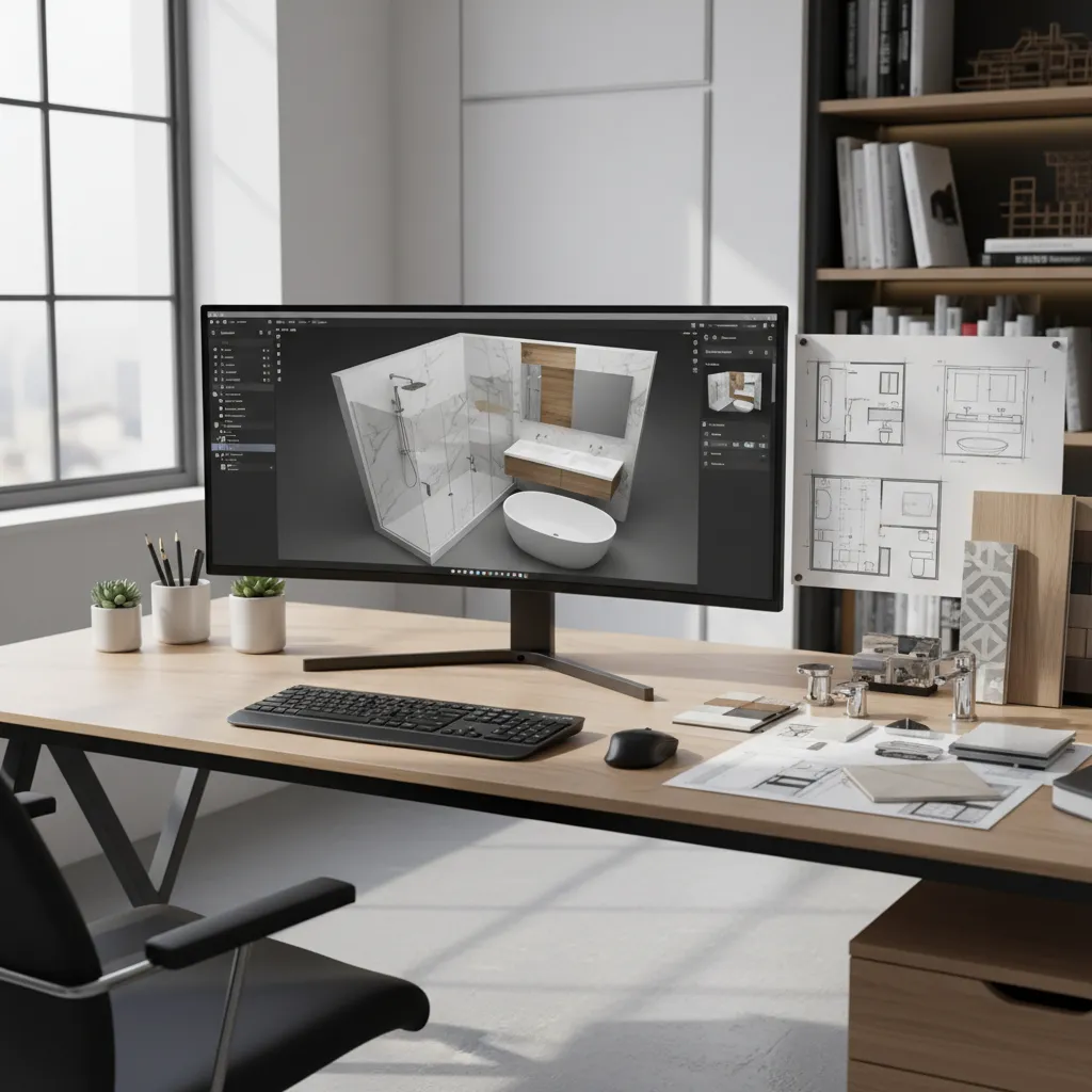 designer planning bathroom layout with digital room planning software