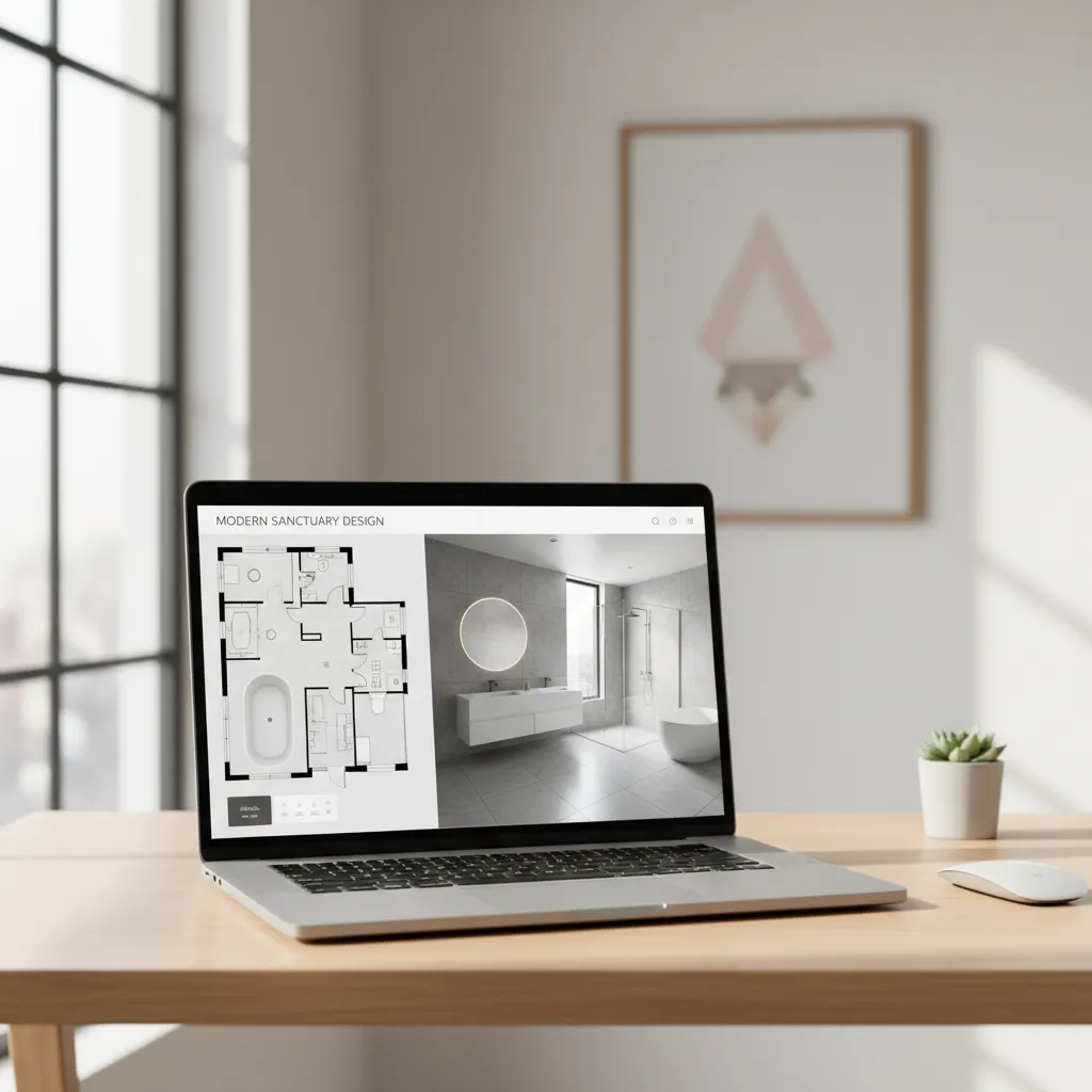 Digital bathroom layout planning on laptop with floor plan visualization