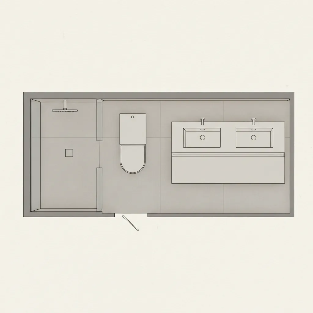 Plano de distribución de baño mostrando ducha, lavabo e inodoro