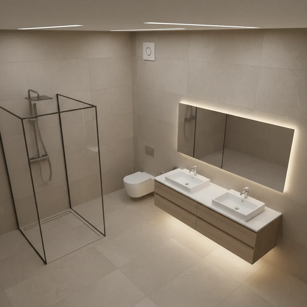 3d bathroom layout plan showing walk-in shower toilet and vanity configuration