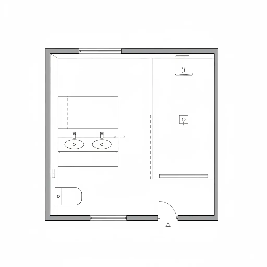 Bathroom layout diagram showing spacing between toilet, vanity and shower