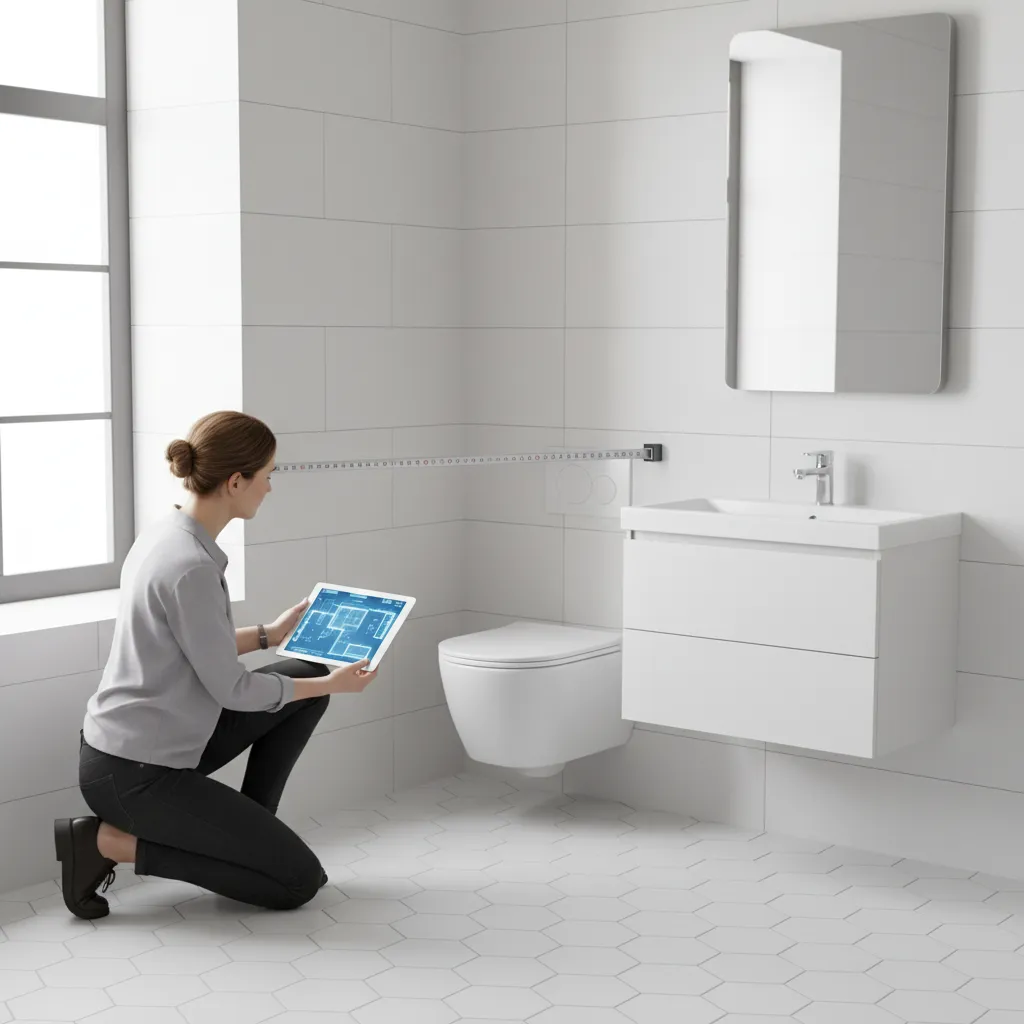 Designer measuring bathroom space and sketching a floor plan layout on tablet