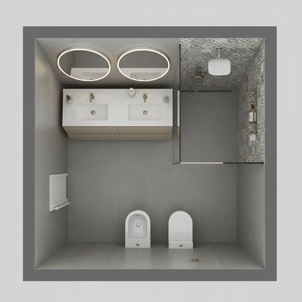 3D bathroom layout plan showing shower vanity and toilet placement