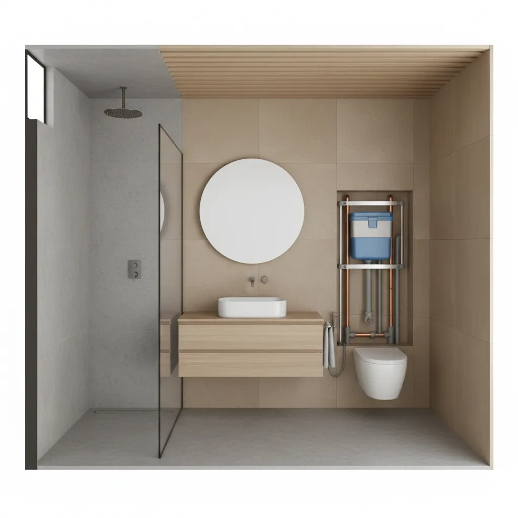 Bathroom layout diagram showing wall cavity space for concealed toilet tank installation