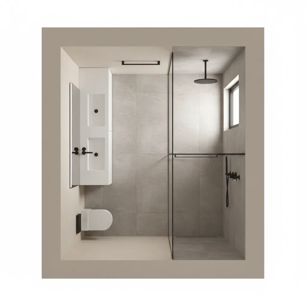 Top view bathroom layout showing vanity toilet and shower placement planning