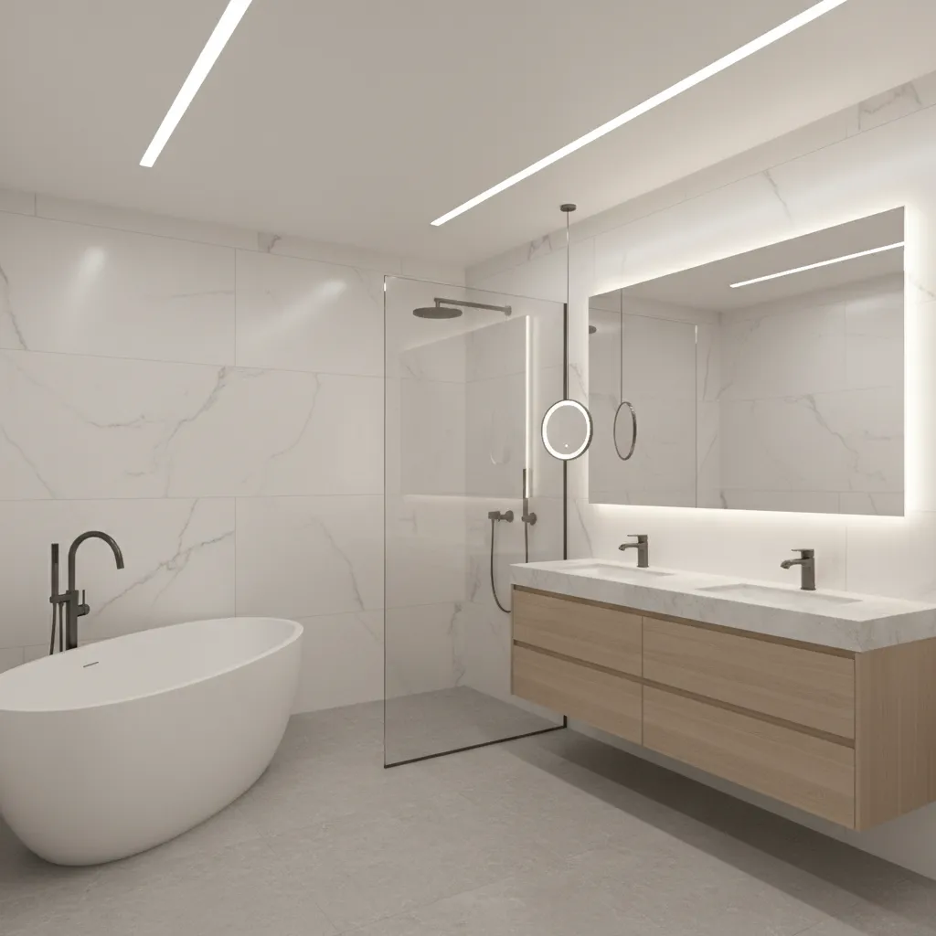 Energy efficient LED lighting fixtures in a contemporary bathroom