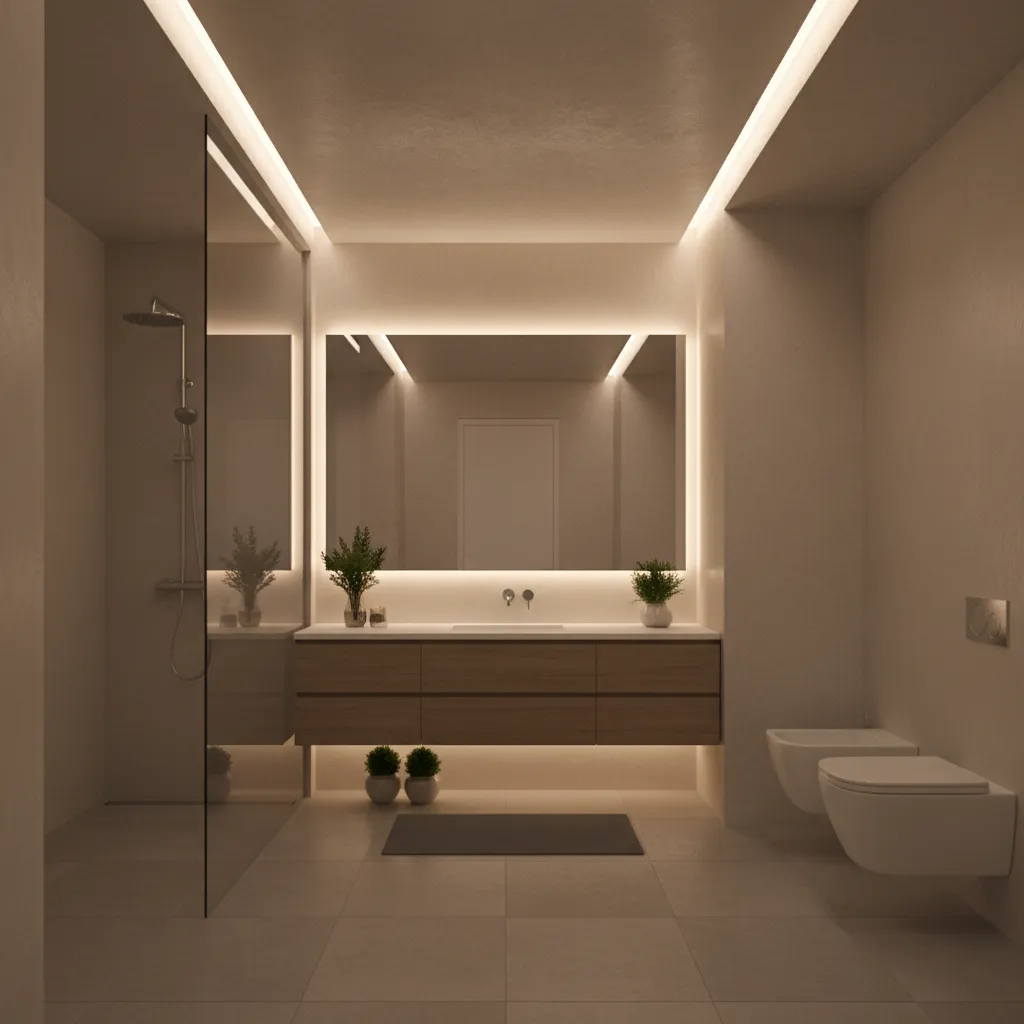 Bathroom false ceiling with perimeter LED strip lighting
