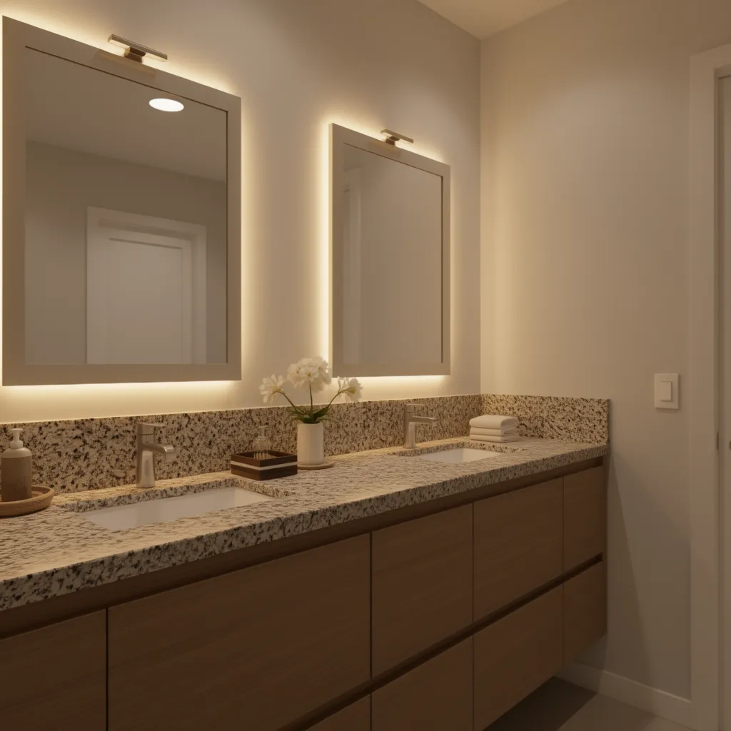 bathroom vanity granite countertop under warm and cool lighting comparison
