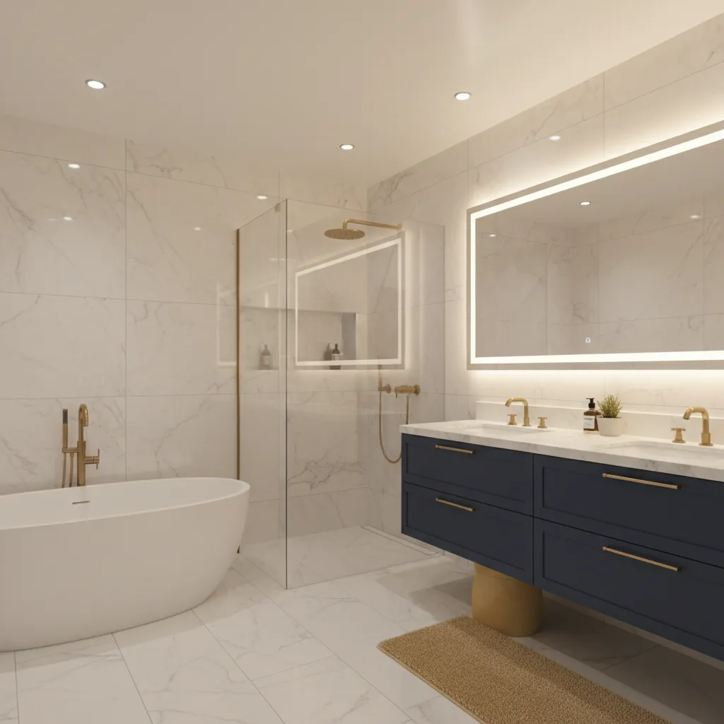 modern bathroom demonstrating neutral lighting with blue and yellow colors