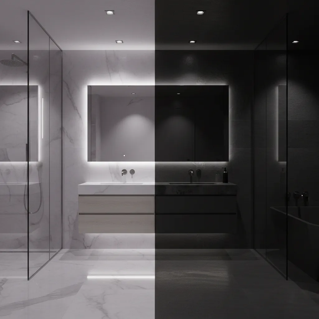 bathroom lighting comparison showing dark palette vs soft palette space perception