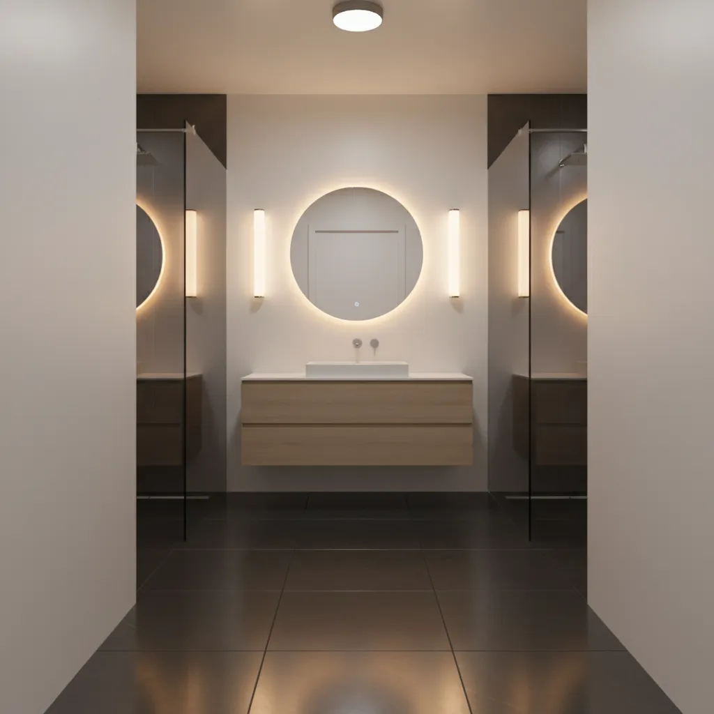 Small bathroom lighting design with dark flooring and bright walls