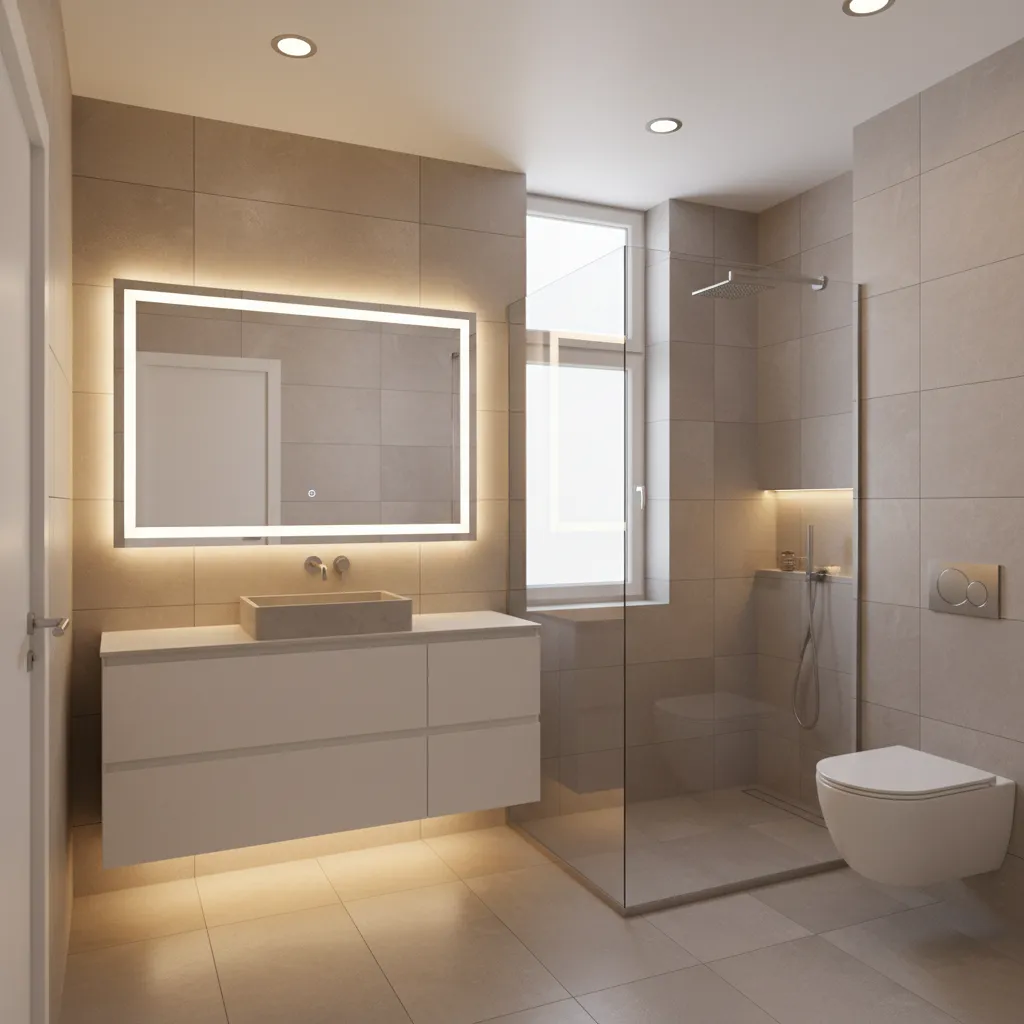 Modern bathroom lighting with LED mirror and ceiling lights