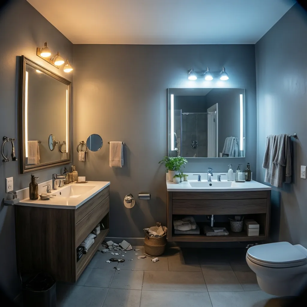 Bathroom showing lighting comparison on gray wall colors