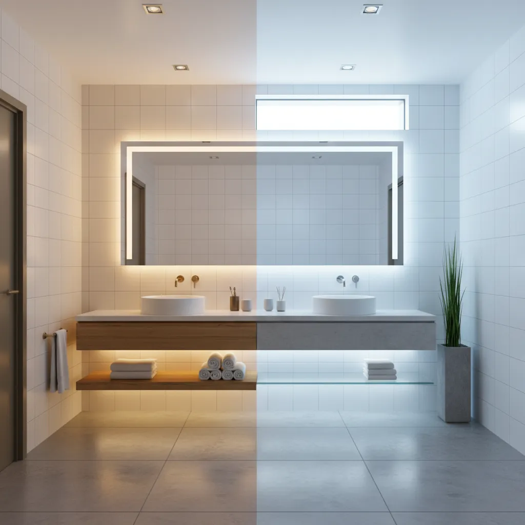 Bathroom tiles showing how warm and cool lighting affects ivory and white colors