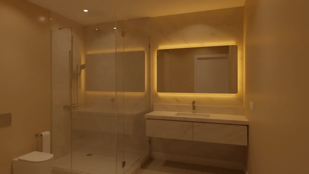 Bathroom interior showing warm lighting reflecting on tile and painted walls