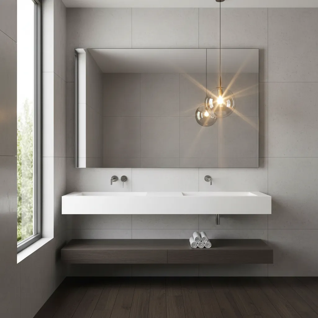 Bathroom mirror reflecting glare from pendant light hanging too low