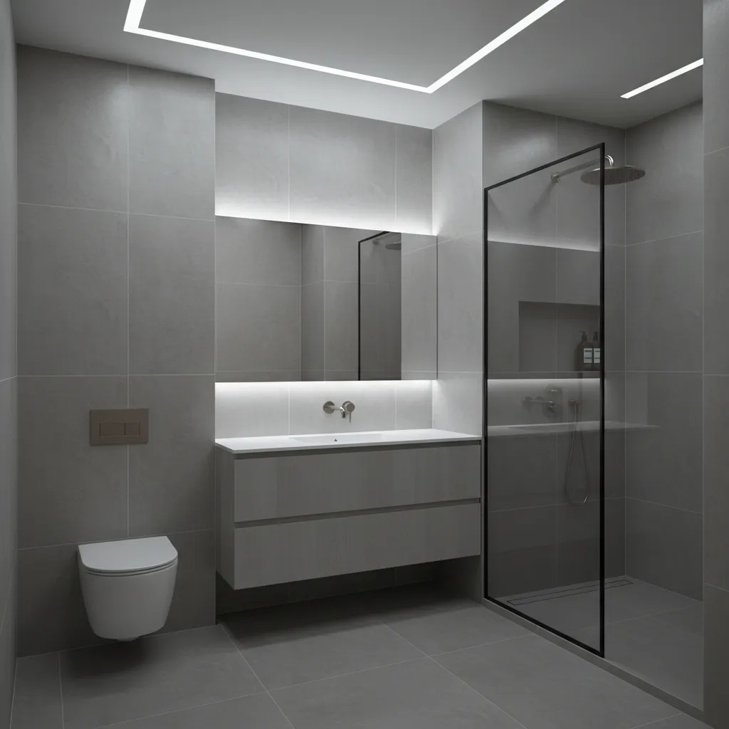 Modern grey bathroom with wall tiles vanity mirror glass shower white toilet and ceiling light