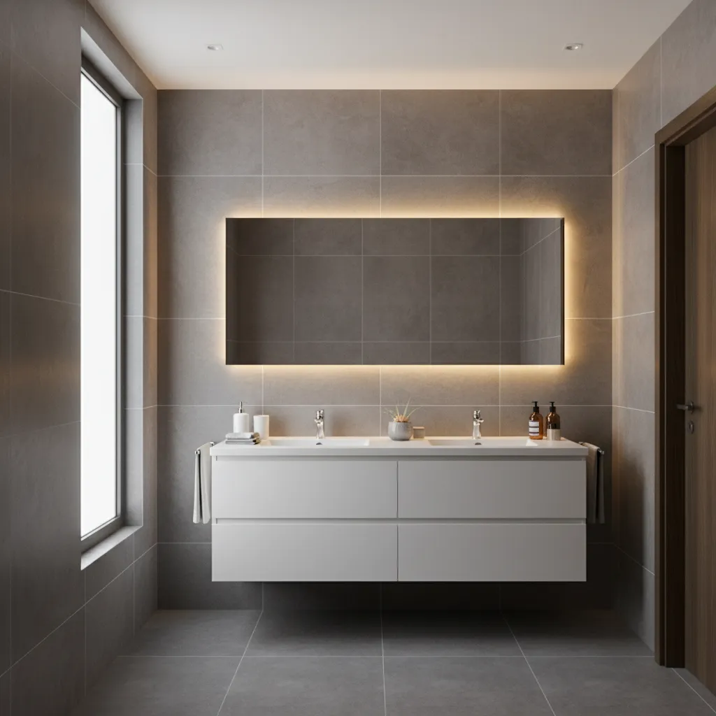Gray bathroom showing effect of natural and artificial lighting