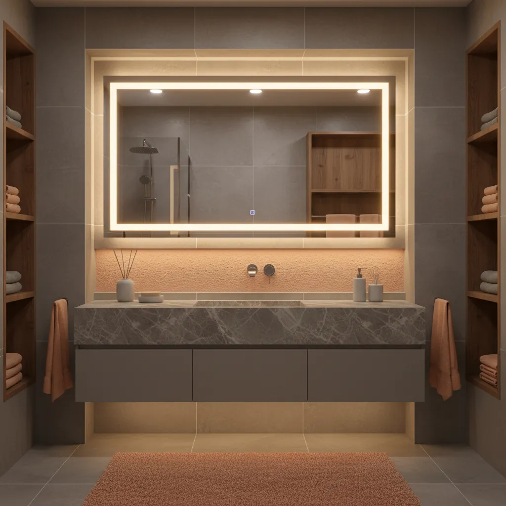Bathroom mirror lighting showing how warm lighting affects grey and peach colors