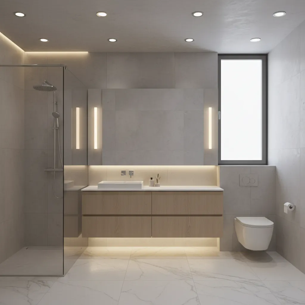 Bathroom lighting layout visualization showing ceiling and vanity light placement