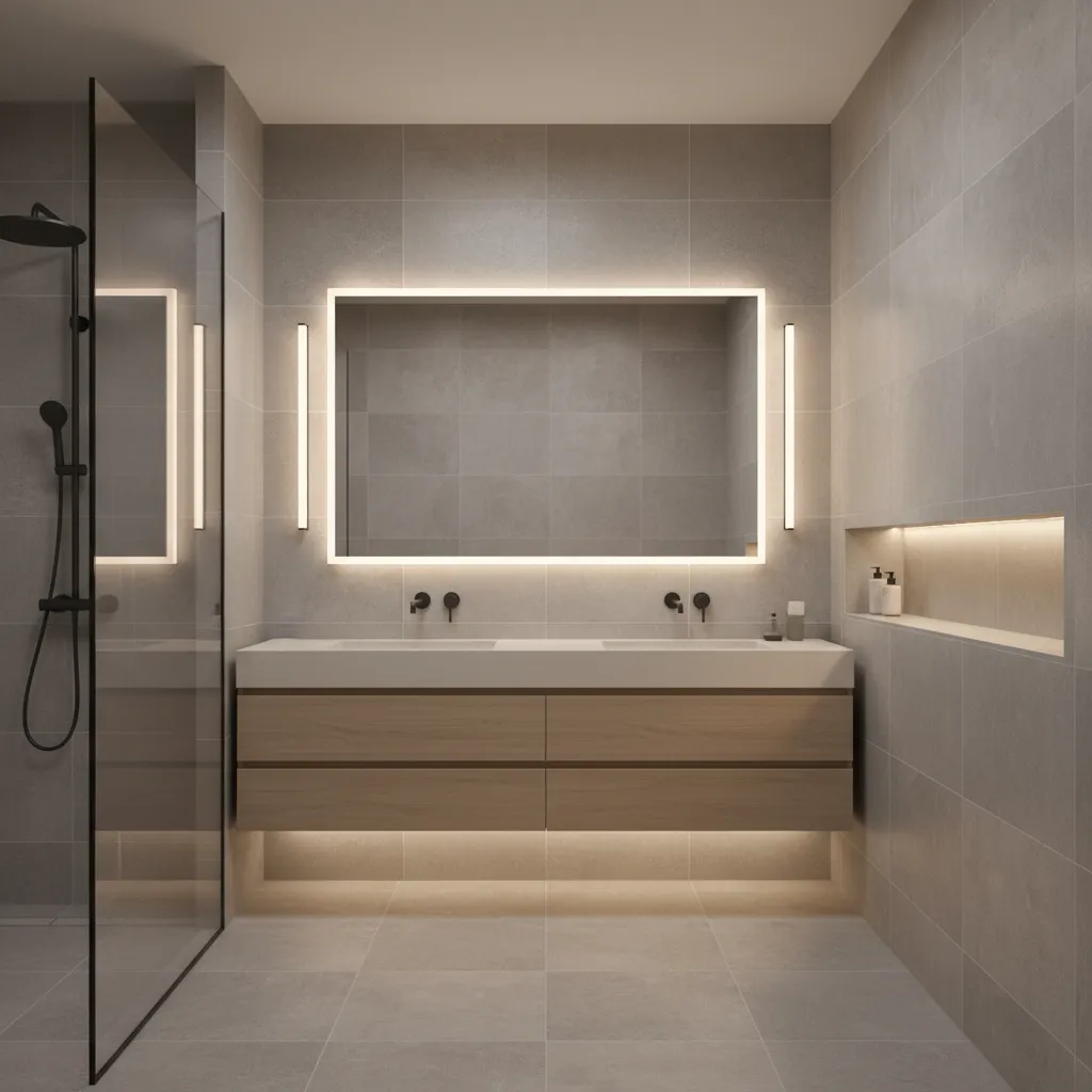 bathroom showing lighting impact on grey beige and tan colors